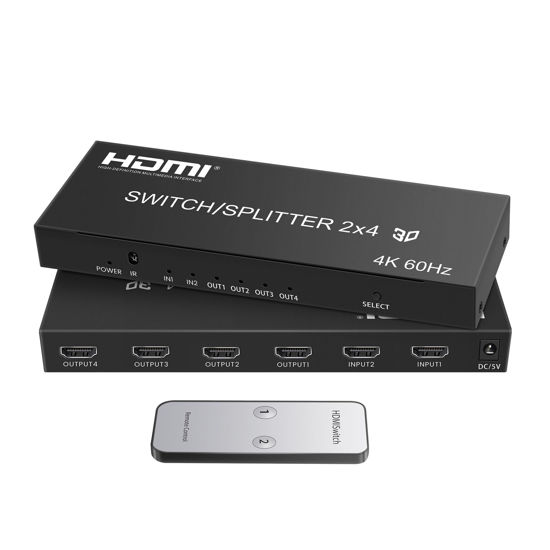 Picture of 4K@60Hz HDMI Switch Splitter 2 in 4 Out with Remote, avedio Links 2x4 HDMI Splitter Switcher 4K with SPDIF & 3.5mm Audio,Support 4K,3D,1080p,HDCP2.2,HDR 10 for PS5/4,Xbox,Fire Stick,etc