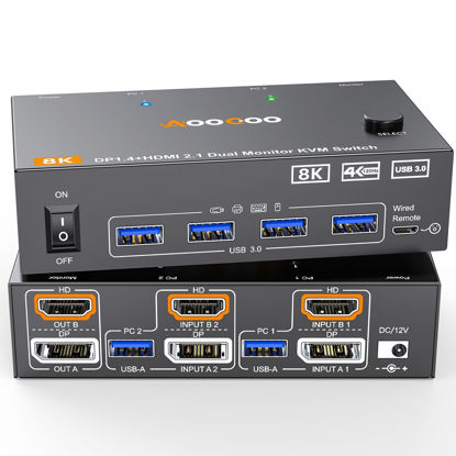 Picture of Dual Monitor KVM Switch 2 Port 8K@60Hz 4K@144Hz HDMI+DP USB 3.0 Switch Extended Display 2 Monitors 2 Computers with USB 3.0 Cables Wired Controller