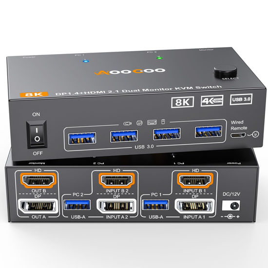 Picture of Dual Monitor KVM Switch 2 Port 8K@60Hz 4K@144Hz HDMI+DP USB 3.0 Switch Extended Display 2 Monitors 2 Computers with USB 3.0 Cables Wired Controller