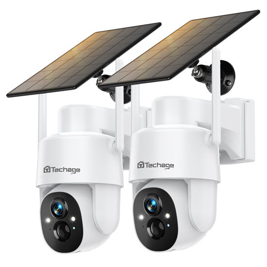 Picture of Solar Security Cameras Wireless Outdoor, 2K WiFi Cameras for Home Security, 360° PTZ Surveillance Camera with PIR, Color Night Vision, 2-Way Talk, IP66 Waterproof, SD/Cloud, Work with Alexa (2 Pack)