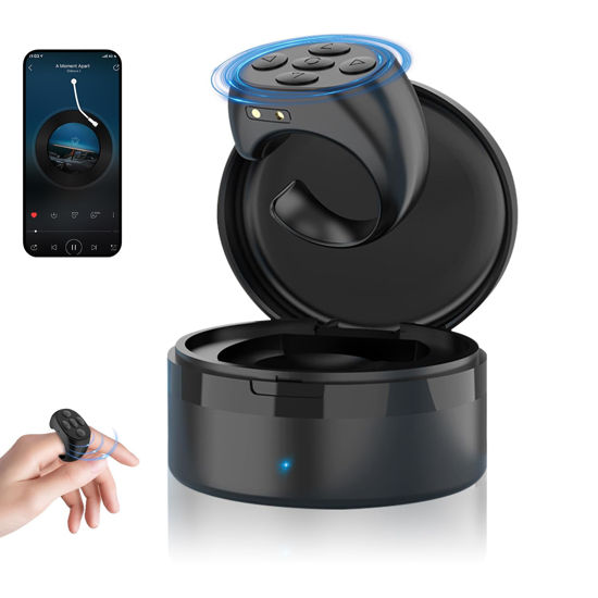 Picture of Fingertip Wireless Bluetooth Remote Control,TIK-to-k Remote Control APP Kindle Page Turner, Scrolling Rings Rechargeable Camera Video Recording Remote for Phones Tablets (Black)