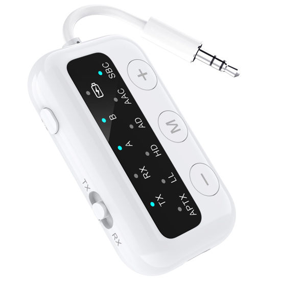 Picture of 1Mii SafeFly Dot-Bluetooth 5.3 Transmitter Receiver for up 2 Headphones,AptX Low Latency/HD,Plane Travel Essentials,Wireless Audio Bluetooth Airplane Adapter for Flight,TV,Car,PC(White)