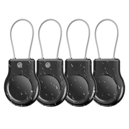 Picture of Waterproof AirTag Keychain Holder - 4 Pack Air Tag Shockproof Lock Case with Wire Cable for Apple AirTags, Ultra Durable Anti-Lost Protective Case with Keyring for Luggage, Backpack, Pet (Black)