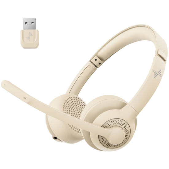 Picture of JIAMQISHI Wireless Headset with AI Noise Cancelling Microphone Bluetooth Headset - Bluetooth V5.2 Headphones with USB Dongle & Mic Mute for Computer/Laptop/PC/iPhone/Android/Cell Phones/Zoom-Apricot