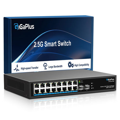 Picture of 18 Port 2.5Gb Unmanaged Ethernet Switch with 16* 2.5G Base-T Ports, 2* 10G SFP+ Ports. GiGaPlus 2.5Gbps Network Switch for 2.5Gbps NAS/PC, Wireless AP, WiFi6 Router. Plug and Play, Fanless Design.