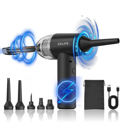 Picture of ZZLIFE 3 Gear Compressed Air Duster and Vacuum Cleaner, 7000Pa/55000RPM Handheld Car Vacuum/Air Blower& Pump, Keyboard Duster with LED Light-10 Kits Air Blower for Computer(Black)