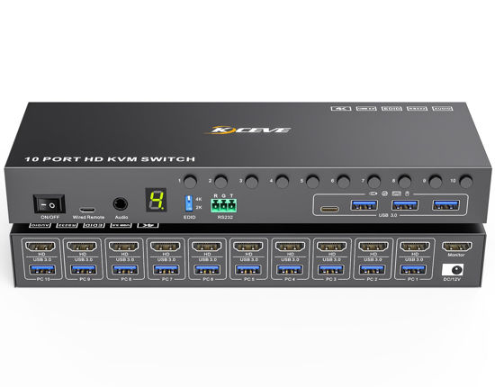 Picture of 10 Port 8 Port KVM Switch HDMI 4K@60Hz EDID Simulation, USB 3.0 HDMI KVM Switch for 10 Computers Share 1 Monitor and 4 USB Devices, KVM Switches with Audio RS232 Wired Remote 12V Power and USB Cable