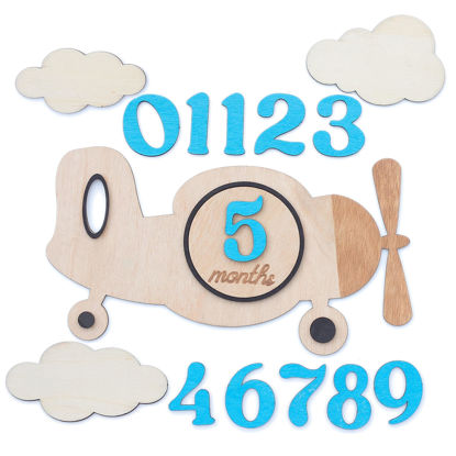 Picture of Baby Monthly Milestone Cards - Wooden Monthly Milestone Discs - Newborn Photography Props to Document Your Baby´s Growth - Baby Announcement Sign (Plane)