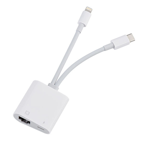 Picture of Lightning and USB C to Ethernet Adapter,2 in 1 RJ45 Ethernet LAN Network Adapter with Charge Port Compatible with iPhone/iPad/iPod/Samsung and More,Supports 100Mbps Plug and Play