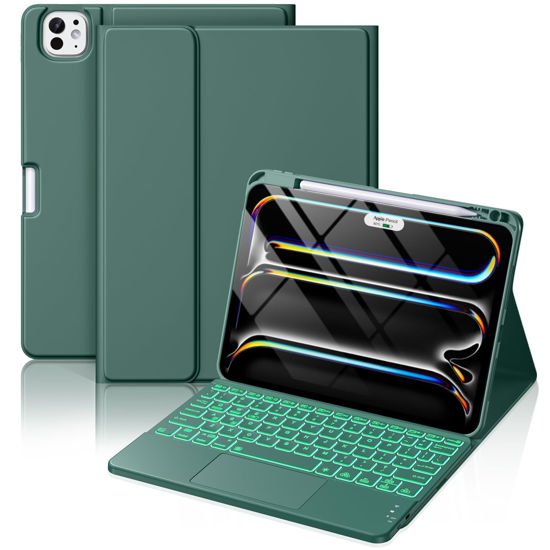 Picture of Hamile for iPad Pro 11-inch Case with Keyboard (M4) - Magnetic Wireless Keyboard with Multi-Touch Trackpad 7 Colors Backlit Stain Proof Folio Keyboard Cover for iPad Pro 11 Inch 2024 - Pine Green