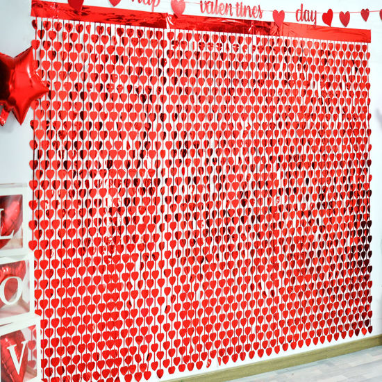 Picture of LOLStar 3 Pack Valentine's Day Foil Curtain,Valentines Day Party Decoration,3.3x6.6 ft Red Heart Shape Tinsel Fringe Curtain Valentines Photo Backdrop,Streamer Backdrop for Birthday,Engagement,Wedding