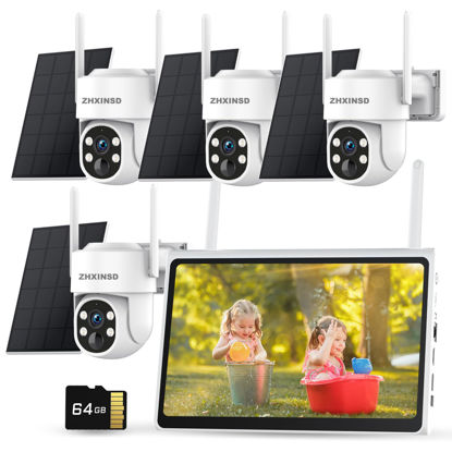 Picture of ZHXINSD Solar Security Camera System, Wireless Outdoor with 10" LCD Monitor, 4PCS 4K 4MP Solar Powered PTZ Camera with Solar Panel for Home Security, 10 CH Expandable, Color Night Vision, 2-Way Audio