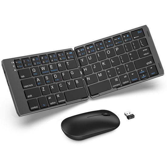 Picture of Foldable Keyboard and Mouse, EDJO Folding Wireless Keyboard Mouse Combo with Phone Holder, 2.4G Wireless and Bluetooth, USB-C Rechargeable Portable Combo for iOS Android Windows Mac OS