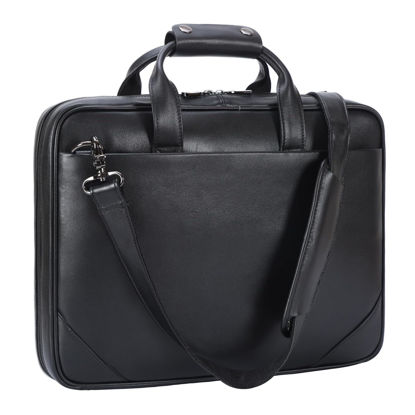 Picture of Masa Kawa Black Leather Slim Briefcase 16" / 15.6 Inch Laptop Bag for Men Crossbody Shoulder Messenger Computer Bags Attache Case for Business Work Lawyer