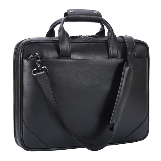 Picture of Masa Kawa Black Leather Slim Briefcase 16" / 15.6 Inch Laptop Bag for Men Crossbody Shoulder Messenger Computer Bags Attache Case for Business Work Lawyer