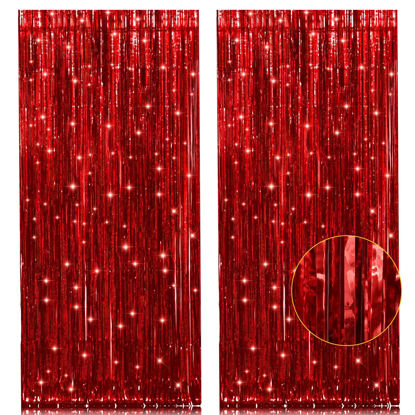 Picture of 2 Pack Red Metallic Tinsel Foil Fringe Curtain, 3.2Ft x 8.2Ft Tinsel Curtain Party Photo Backdrop Streamers for Door Wall Window Curtains Background Birthday Christmas Valentines Day Decorations