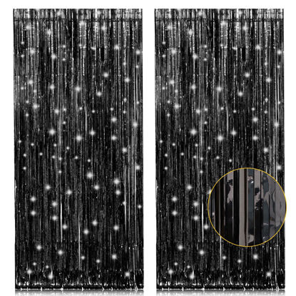 Picture of 2 Pack 3.2ft x 8.2ft Black Tinsel Foil Fringe Curtains, Metallic Foil Tinsel Photo Booth Backdrop Streamer for New Years Decorations Halloween Bachelorette Birthday Holiday Celebration Party Supplies
