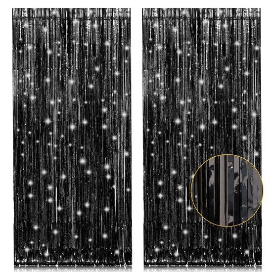 Picture of 2 Pack 3.2ft x 8.2ft Black Tinsel Foil Fringe Curtains, Metallic Foil Tinsel Photo Booth Backdrop Streamer for New Years Decorations Halloween Bachelorette Birthday Holiday Celebration Party Supplies