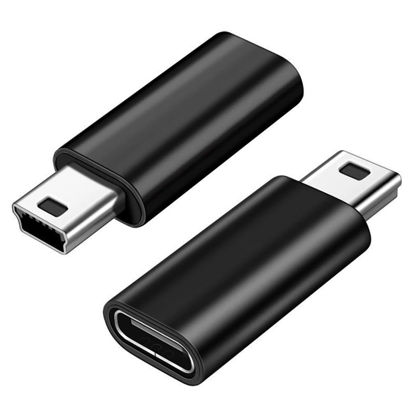 Picture of Mepsies USB C to Mini USB Adapter 2 Pack, USB Type C Female to Mini USB 2.0 Type-B Male Adapter, Support Charging and Data Transfer, Compatible Digital Camera, MP3 Player, Dash Cam and More, Black