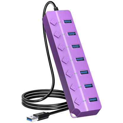 Picture of ONFINIO USB Hub 3.0, 7-Port USB Hub Splitter with Individual On/Off Switches and Lights, 3.2ft/1m Long Cable Compatible with MacBook, Laptop, Surface Pro, PS4, PC, Flash Drive, Mobile HDD-Purple