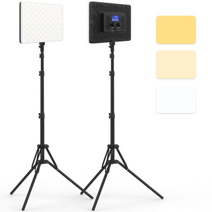 Picture of 2 Packs LED Video Light with 63" Tripod Stand, QEUOOIY 20W Bi-Color Photography Lighting Kit, Dimmable 2500-8500K Studio Conference Light, Built-in 8000mAh Battery for YouTube/TikTok/Vlog/Streaming