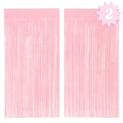 Picture of xo, Fetti Party Decorations Matte Pastel Pink Fringe Foil Curtain - Set of 2 | Bachelorette, Bridal Shower, Backdrop, Wedding, Birthday, Photo Booth