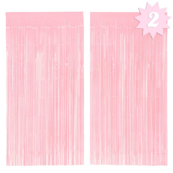 Picture of xo, Fetti Party Decorations Matte Pastel Pink Fringe Foil Curtain - Set of 2 | Bachelorette, Bridal Shower, Backdrop, Wedding, Birthday, Photo Booth