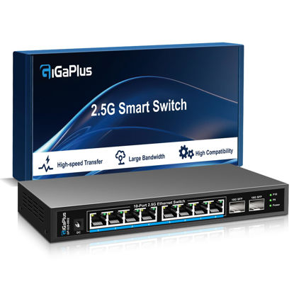 Picture of 10 Port 2.5Gb Unmanaged Ethernet Switch with 8* 2.5G Base-T Ports, 2* 10G SFP+ Ports. GiGaPlus 2.5Gbps Network Switch for 2.5Gbps NAS/PC, WiFi6 Router, Wireless AP. Fanless Design, Plug and Play