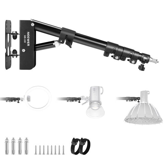 Picture of NEEWER Ring Light Wall Mount Boom Arm, 22"-46"/55-116cm 180° Swivel Triangle Light Wall Mounting for Photography Strobe Monolight Softbox Umbrella Reflector, Aluminum Alloy, 6.6lb/3kg Capacity, WB-100