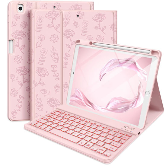 Picture of Hamile Keyboard Case for iPad 9th Generation 10.2 Inch - Backlit Wireless Detachable Folio Keyboard Cover with Pencil Holder for iPad 8th 7th Gen/iPad Pro 10.5" / iPad Air 3rd Gen (Pink Rose)