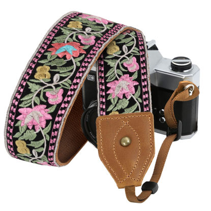 Picture of Padwa Lifestyle Embroidered Flower Camera Strap - 2" Wide Classic Vintage Crazy Horse Arts Cowhide Head Camera Straps for Photographers,Universal Neck Shoulder & Crossbody Strap Fit DSLR/SLR Camera