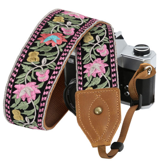 Picture of Padwa Lifestyle Embroidered Flower Camera Strap - 2" Wide Classic Vintage Crazy Horse Arts Cowhide Head Camera Straps for Photographers,Universal Neck Shoulder & Crossbody Strap Fit DSLR/SLR Camera