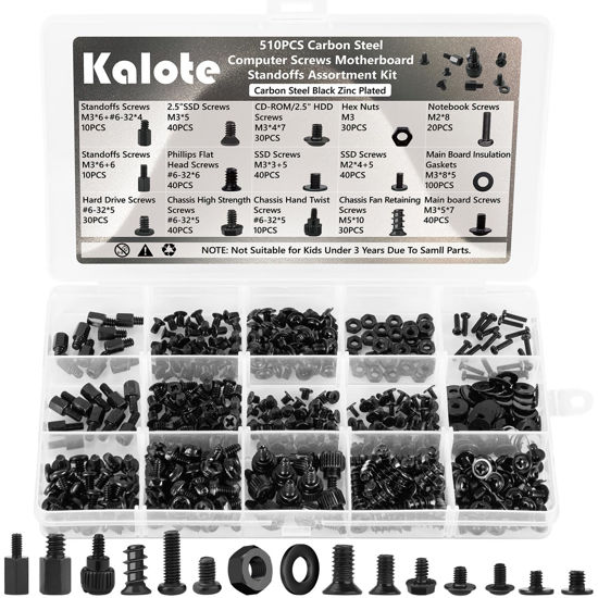 Picture of 510PCS Computer Screws Assortment Kit, Carbon Steel Black Zinc Plated Motherboard Standoffs Screws PC Screws for HDD, SSD Hard Drive Fan, Power Supply, Graphics, Laptop, PC ATX Case for DIY & Repair