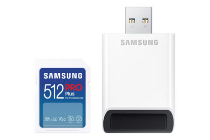 Picture of SAMSUNG PRO Plus Full Size 512GB SDXC Memory Card + Reader, Up to 180 MB/s Reads/Writes, Full HD & 4K UHD, UHS-I, C10, U3, V30 for DSLR, Mirrorless Cameras, PCs, MB-SD512SB/AM, 2023