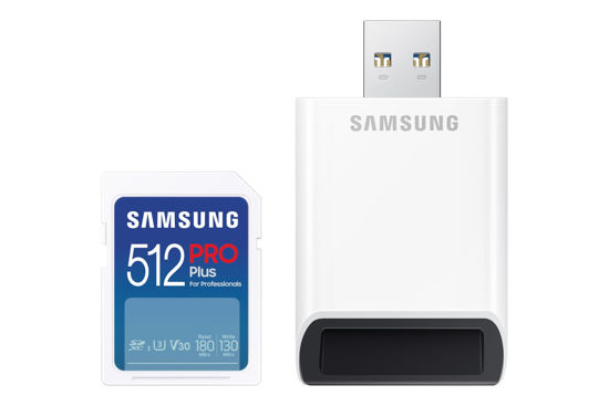 Picture of SAMSUNG PRO Plus Full Size 512GB SDXC Memory Card + Reader, Up to 180 MB/s Reads/Writes, Full HD & 4K UHD, UHS-I, C10, U3, V30 for DSLR, Mirrorless Cameras, PCs, MB-SD512SB/AM, 2023