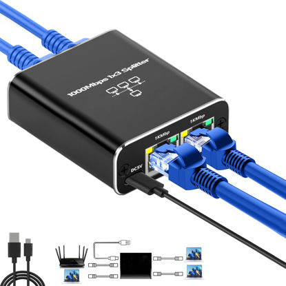 Picture of Ethernet Splitter, Gigabit Network Port Splitter 1 in 3 Out, 1 Female to 3 Female High Speed LAN Internet Adapter with USB C Charging Cable, Plug and Play for Cat5 Cat5e Cat6 Cat7 Cat8 RJ45 Cord