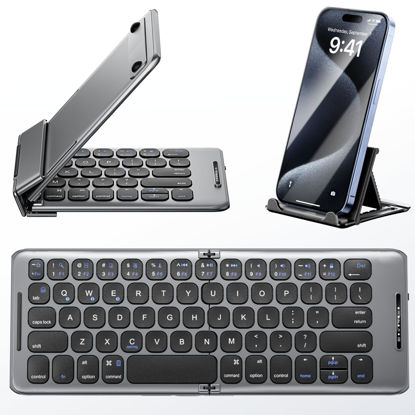 Picture of PuechAxe Foldable Bluetooth Keyboard with Stand Holder, Folding Keyboard Bluetooth Phone Keyboard, Rechargeable Ultra Slim Bluetooth Travel Keyboard for iOS, Android, Fit Phone Pad Tablet Laptop, B088