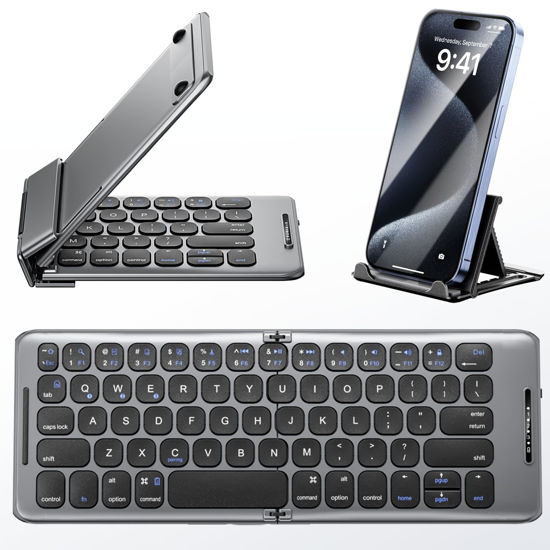 Picture of PuechAxe Foldable Bluetooth Keyboard with Stand Holder, Folding Keyboard Bluetooth Phone Keyboard, Rechargeable Ultra Slim Bluetooth Travel Keyboard for iOS, Android, Fit Phone Pad Tablet Laptop, B088