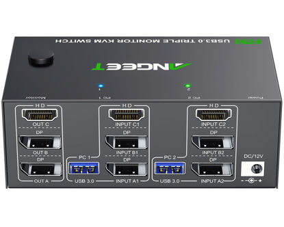 Picture of KVM Switch 3 Monitors 2 Computers 8K@60Hz 4K@144Hz, ANGEET HDMI and Displayport KVM Switch Triple Monitor for 2 Computer Share 3 Monitor and 4 USB3.0 Devices, with Wired Remote and Power Adapter
