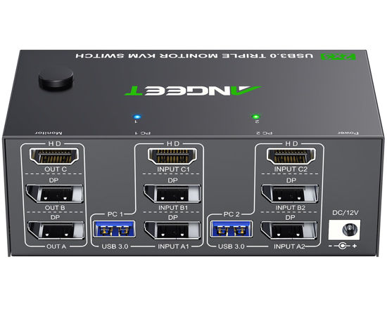 Picture of KVM Switch 3 Monitors 2 Computers 8K@60Hz 4K@144Hz, ANGEET HDMI and Displayport KVM Switch Triple Monitor for 2 Computer Share 3 Monitor and 4 USB3.0 Devices, with Wired Remote and Power Adapter