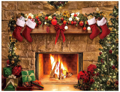 Picture of YYNXSY 7X5FT Christmas Fireplace Backdrop Christmas Photography Background Tree Sock Gift Decoration Banner for Xmas Party Photoshoot Indoor Decor Photo Booth Props Reusable and Washable YY-3589