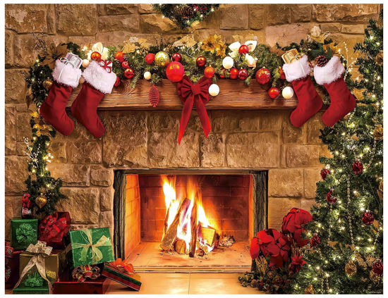 Picture of YYNXSY 7X5FT Christmas Fireplace Backdrop Christmas Photography Background Tree Sock Gift Decoration Banner for Xmas Party Photoshoot Indoor Decor Photo Booth Props Reusable and Washable YY-3589