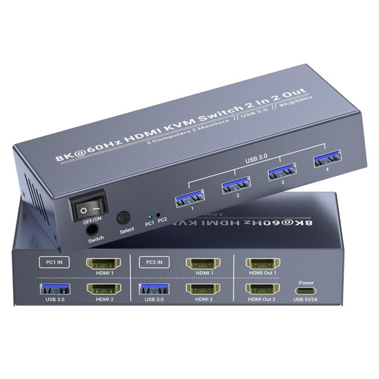 Picture of 8K60Hz 4K120Hz HDMI KVM Switch 2 Monitors 2 Computers, USB 3.0 Dual Monitor HDMI KVM Switch, 2 Port HDMI KVM Switch for Controlling 2 PC with 1 Set of Keyboard, Mouse and 2 Monitors