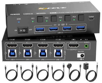 Picture of HDMI KVM Switch 4 Computers 8K@60Hz 4K@144Hz, Simulation EDID, Camgeet 4 Port USB3.0 KVM Switch with Audio for 4 Computer Share 1 Monitor and Keyboard Mouse Headset,Wired Remote,Power Adapter Included