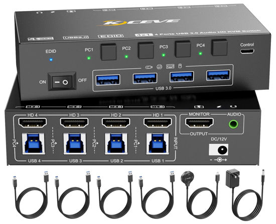 Picture of HDMI KVM Switch 4 Computers 8K@60Hz 4K@144Hz, Simulation EDID, Camgeet 4 Port USB3.0 KVM Switch with Audio for 4 Computer Share 1 Monitor and Keyboard Mouse Headset,Wired Remote,Power Adapter Included