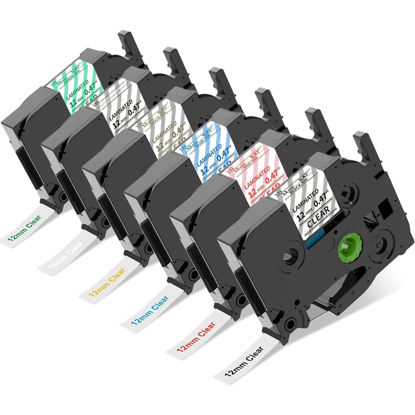 Picture of Replacement for Brother P-Touch Label Maker Tape TZe 12mm 0.47 Clear Ribbon Laminated TZ Color on Transparent Refills for Ptouch PT-D210 D220 H110 1000 1280 D400 Cube, 1/2" x 26.2', 6 Pack