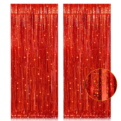 Picture of 2 Pack 3.2ft x 8.2ft Red Foil Fringe Curtain, Glitter Metallic Tinsel Foil Fringe Curtains Photo Booth Backdrop Tinsel Door Curtains for Wedding Bridal Shower Bachelorette Christmas Party Decorations