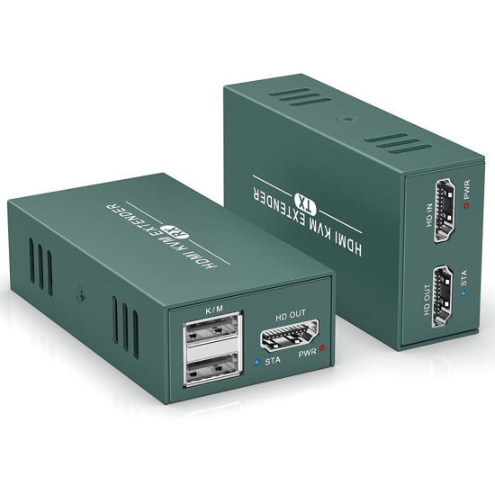 Picture of HDMI KVM Extender Over Cat6/7 Up to 50M(165ft), 1080P KVM Extender Over Ethernet with Loop Out Function，HDMI Transmitter Receiver Support Keyboard Mouse, POC Function Single Power Supply