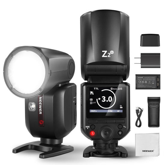 Picture of NEEWER Z2-S 2.4G TTL Round Head Flash Speedlite for Sony, 76Ws Speedlight with Upgraded UI, Modeling Lamps, TTL/M Quick TCM Switch, 1/8000s HSS, 2600mAh Battery, 480 Full Power Flashes, Cleaning Cloth