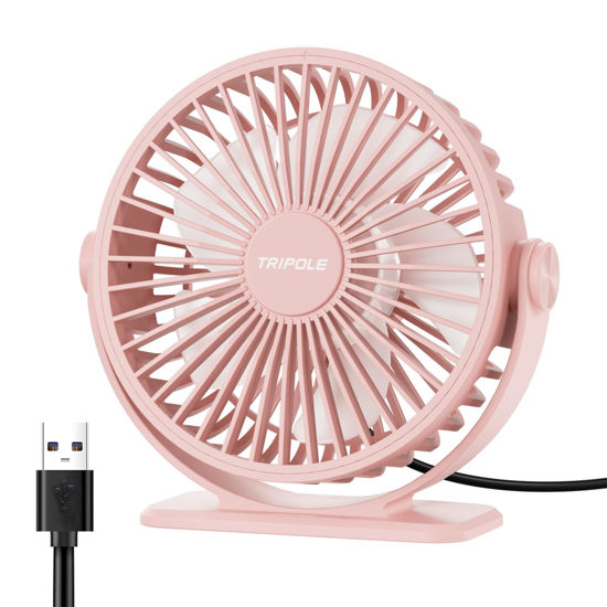 Picture of TriPole USB Desk Fan Mini Portable Personal Fan, 3 Speeds Adjustable Strong Breeze Small Electric Fan, 360° Rotation Quiet Plug In USB Fan for Desktop Bedroom Office Table Travel Cruise, Pink, 4.5in